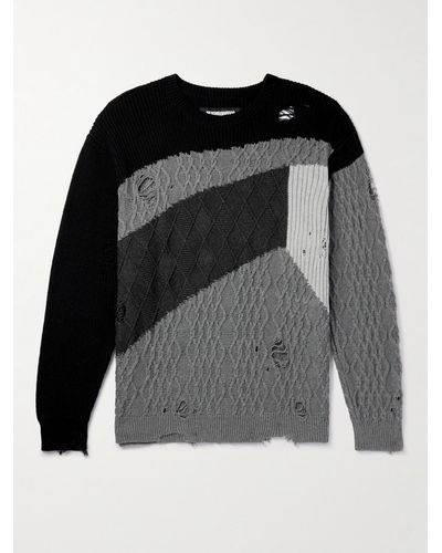 Neighborhood Distressed Patchwork Cable-knit Cotton Jumper - Black