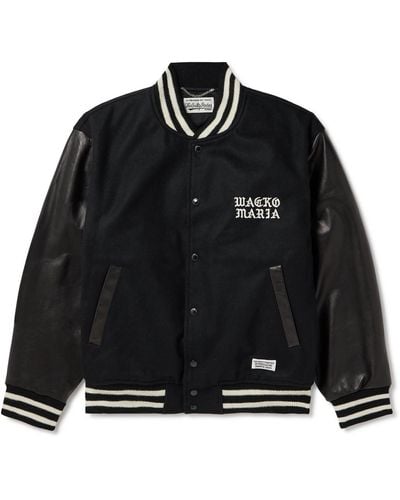 Wacko Maria Logo-embroidered Striped Wool-blend And Leather Varsity Jacket - Black