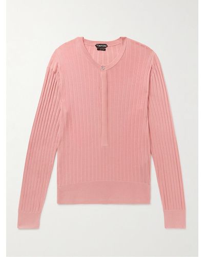 Tom Ford Schmal geschnittenes Henley Shirt aus einer gerippten Seidenmischung - Pink