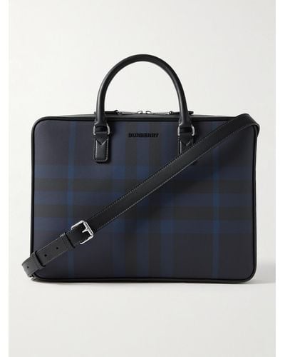 Burberry Leather-trimmed Checked Coated-canvas Briefcase - Blue