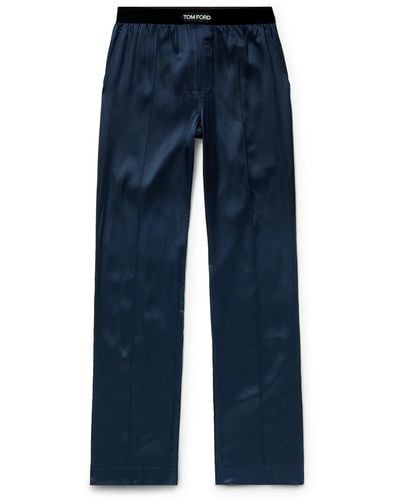 Tom Ford Velvet-trimmed Stretch-silk Satin Pajama Pants - Blue