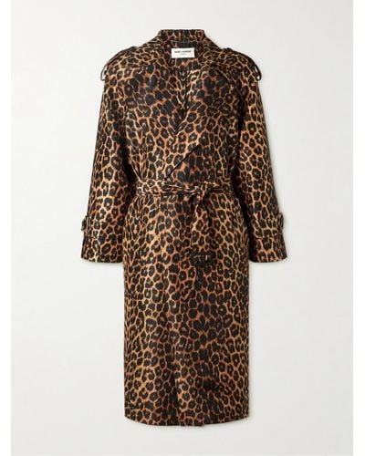 Saint Laurent Leopard Print Silk Trench Coat - Brown