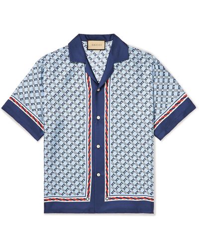 Gucci Geometric Square G Print Silk Shirt - Blue
