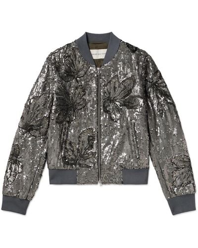 Dries Van Noten Embellished Sequinned Cotton Bomber Jacket - Gray