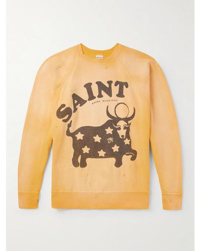 SAINT Mxxxxxx Distressed Printed Cotton-jersey Sweatshirt - Yellow