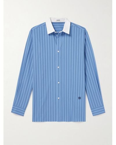 Loewe Camicia in popeline di cotone a righe con logo ricamato - Blu