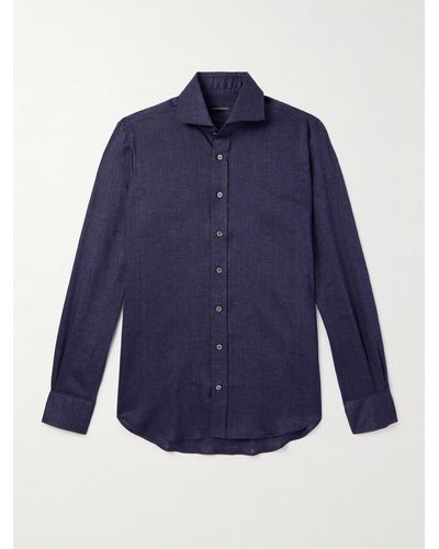 Thom Sweeney Cutaway-collar Linen-chambray Shirt - Blue