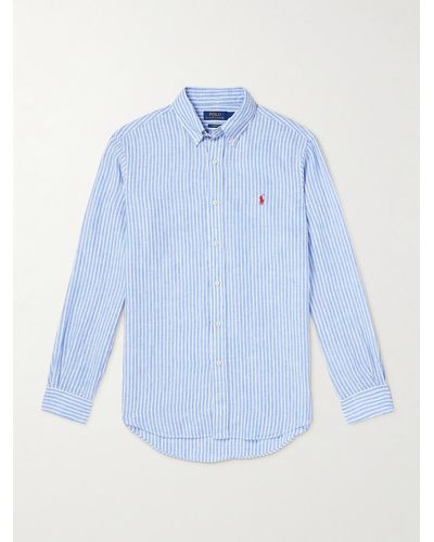 Polo Ralph Lauren Button-down Collar Logo-embroidered Striped Linen Shirt - Blue