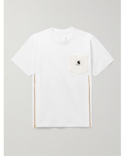 Sacai Carhartt Wip Zip-detailed Logo-appliquéd Canvas-trimmed Cotton-jersey T-shirt - White