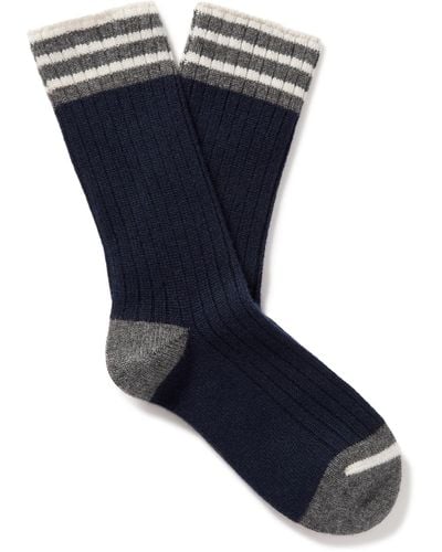 Brunello Cucinelli Striped Ribbed Cashmere Socks - Blue