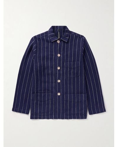 Drake's Pinstriped Linen Chore Jacket - Blue