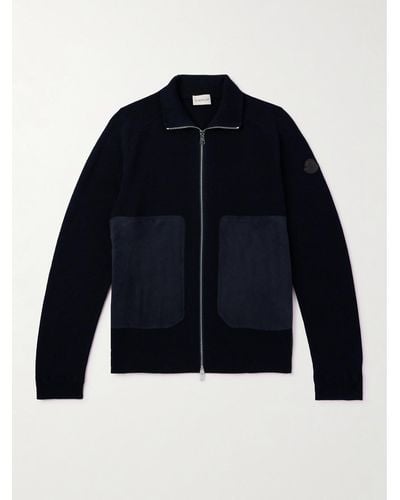 Moncler Logo-appliquéd Suede-trimmed Cotton And Cashmere-blend Zip-up Cardigan - Blue