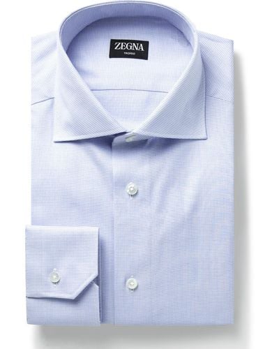 Zegna Trofeo Slim-fit Cutaway-collar Checked Cotton-blend Poplin Shirt - Blue