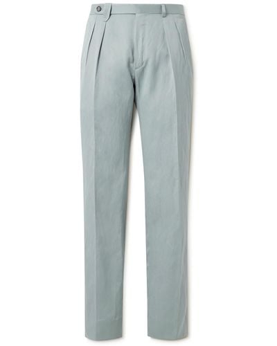Brioni Elba Straight-leg Pleated Silk And Linen-blend Twill Pants - Blue