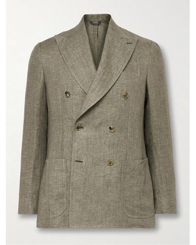 De Petrillo Double-breasted Herringbone Linen Suit Jacket - Green