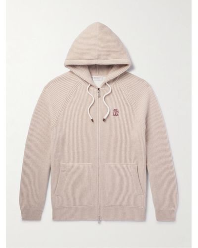 Brunello Cucinelli Logo-embroidered Ribbed Cashmere Zip-up Hoodie - Natural