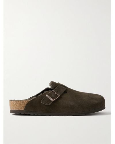 Birkenstock Sabot in camoscio con interno in shearling Boston - Marrone