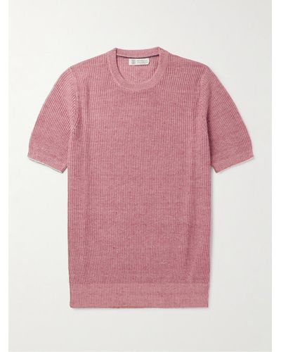 Brunello Cucinelli T-shirt in misto lino e cotone a coste - Rosa