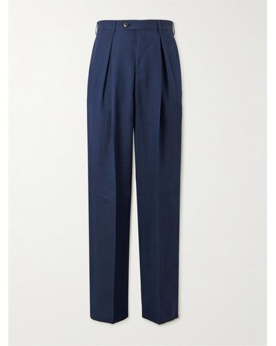 Umit Benan Straight-leg Pleated Linen And Wool-blend Trousers - Blue