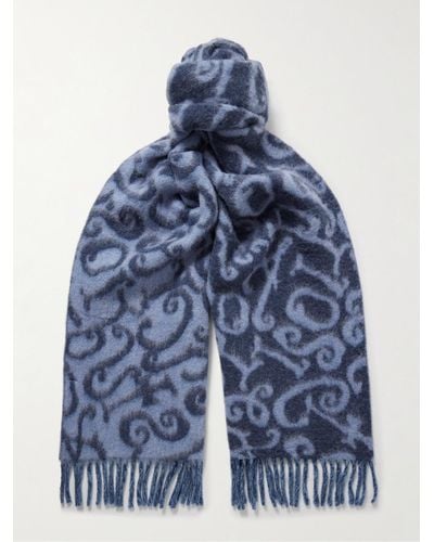 Acne Studios Schal aus einer gebürsteten Wollmischung mit Intarsienlogomuster und Fransen - Blau
