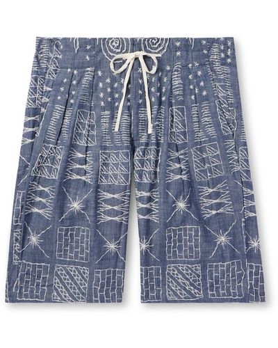 Monitaly Wide-leg Pleated Embroidered Cotton-chambray Drawstring Shorts - Blue