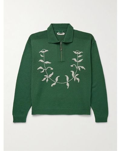 Bode Floret Embroidered Wool Half-zip Jumper - Green