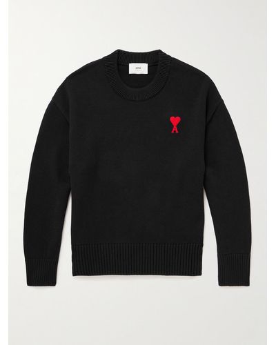 Ami Paris Adc Logo-embroidered Cotton And Merino Wool-blend Jumper - Black