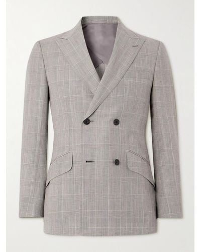 Kingsman Slim-fit Double-breasted Checked Linen And Wool-blend Suit Jacket - Grey