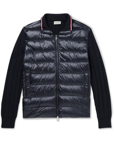 Moncler Logo-appliquéd Ribbed Cotton And Quilted Shell Down Cardigan - Blue