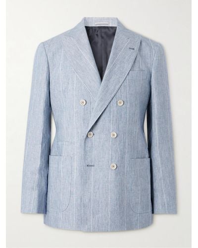 Brunello Cucinelli Double-breasted Striped Linen Suit Jacket - Blue