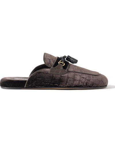 Tom Ford Stephen Tasseled Leather-trimmed Croc-effect Velvet Slippers - Brown