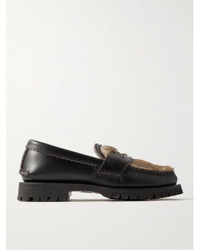 Yuketen Leather And Faux Fur Penny Loafers - Black