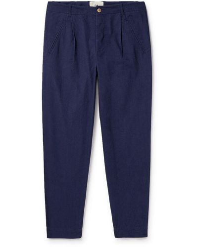 Folk Assembly Tapered Cropped Pleated Cotton Pants - Blue