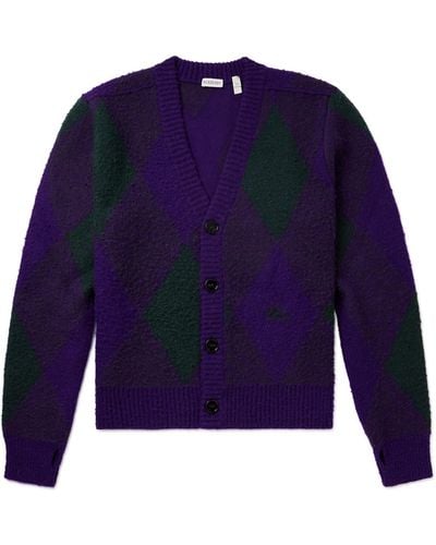 Burberry Jacquard-knit Argyle Brushed-wool Cardigan - Blue