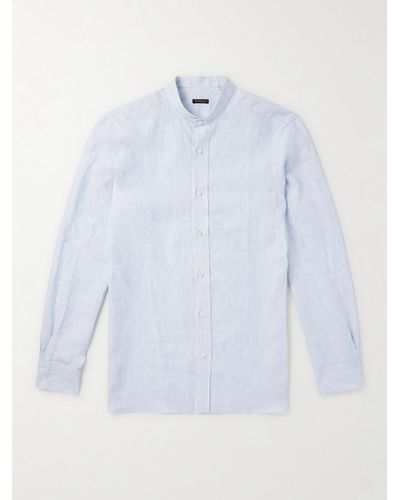 Rubinacci Camicia in lino a righe con collo alla coreana - Blu