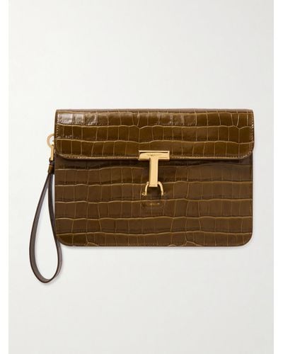 Tom Ford Glossed Croc-effect Leather Pouch - Brown