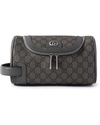 Gucci Leather-trimmed Monogrammed Coated-canvas Wash Bag - Gray