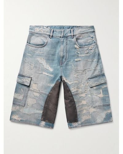Givenchy Straight-leg Moleskin-trimmed Distressed Denim Cargo Shorts - Blue
