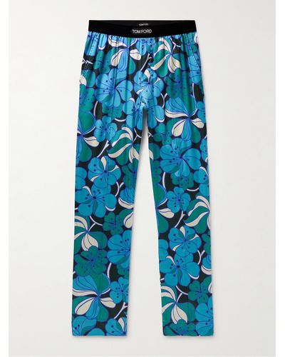Tom Ford Gerade geschnittene Pyjama-Hose aus bedruckter Stretch-Seide mit Samtbesatz - Blau
