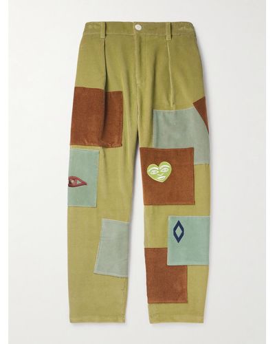 The Elder Statesman Straight-leg Pleated Patchwork Cotton-corduroy Trousers - Green