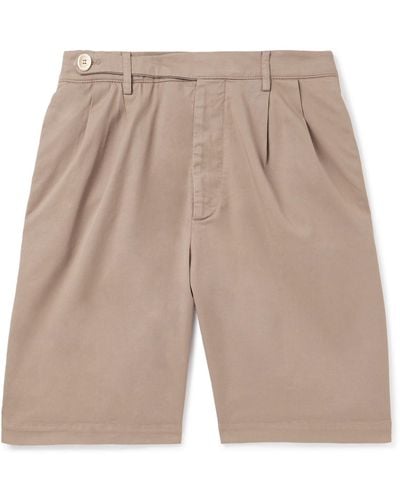 Brunello Cucinelli Straight-leg Pleated Cotton-blend Twill Bermuda Shorts - Natural