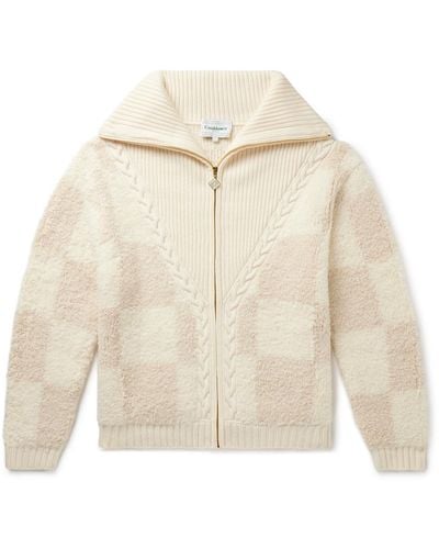 Casablancabrand Checked Cable-knit Wool-blend Bouclé Zip-up Cardigan - Natural