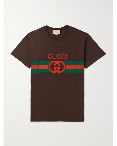 Gucci T-shirt in jersey di cotone con logo stampato - Marrone