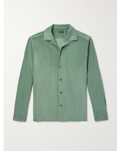 Zegna Camp-collar Cotton And Silk-blend Terry Shirt - Green