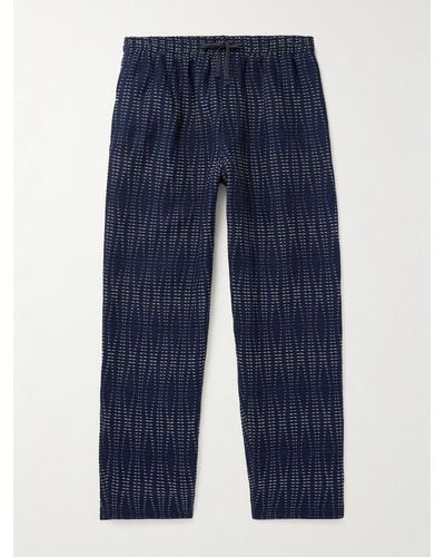 YMC Alva gerade geschnittene Hose aus einer Baumwoll-Wollmischung mit Sashiko-Stickerei und Kordelzugbund - Blau