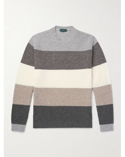 Incotex Zanone Striped Ribbed Wool Sweater - Grey