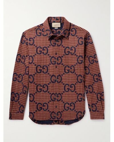 Gucci Checked Logo-jacquard Wool Shirt - Red