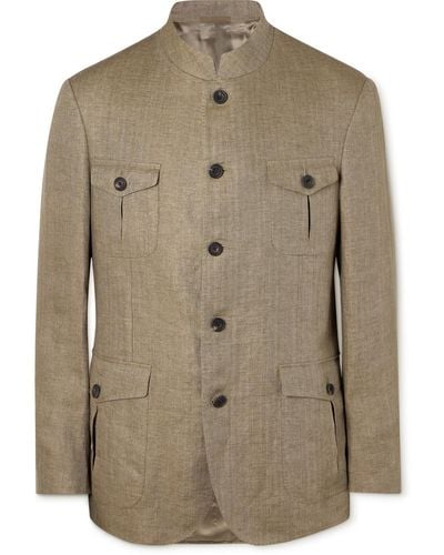 Kingsman Argylle Nehru-collar Herringbone Linen Jacket - Natural