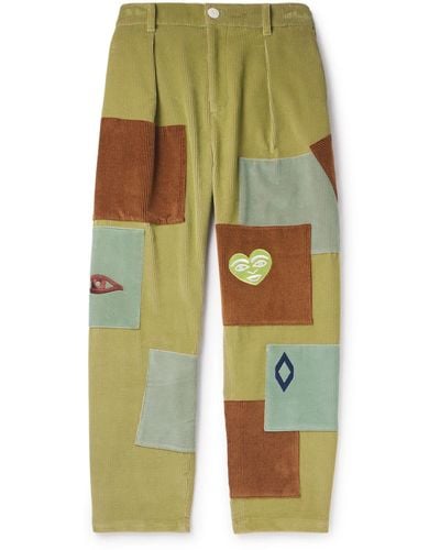 The Elder Statesman Straight-leg Pleated Patchwork Cotton-corduroy Pants - Green