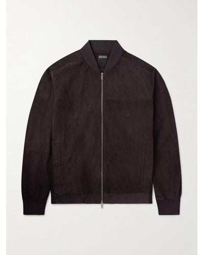 Zegna Leather-trimmed Suede Bomber Jacket - Black
